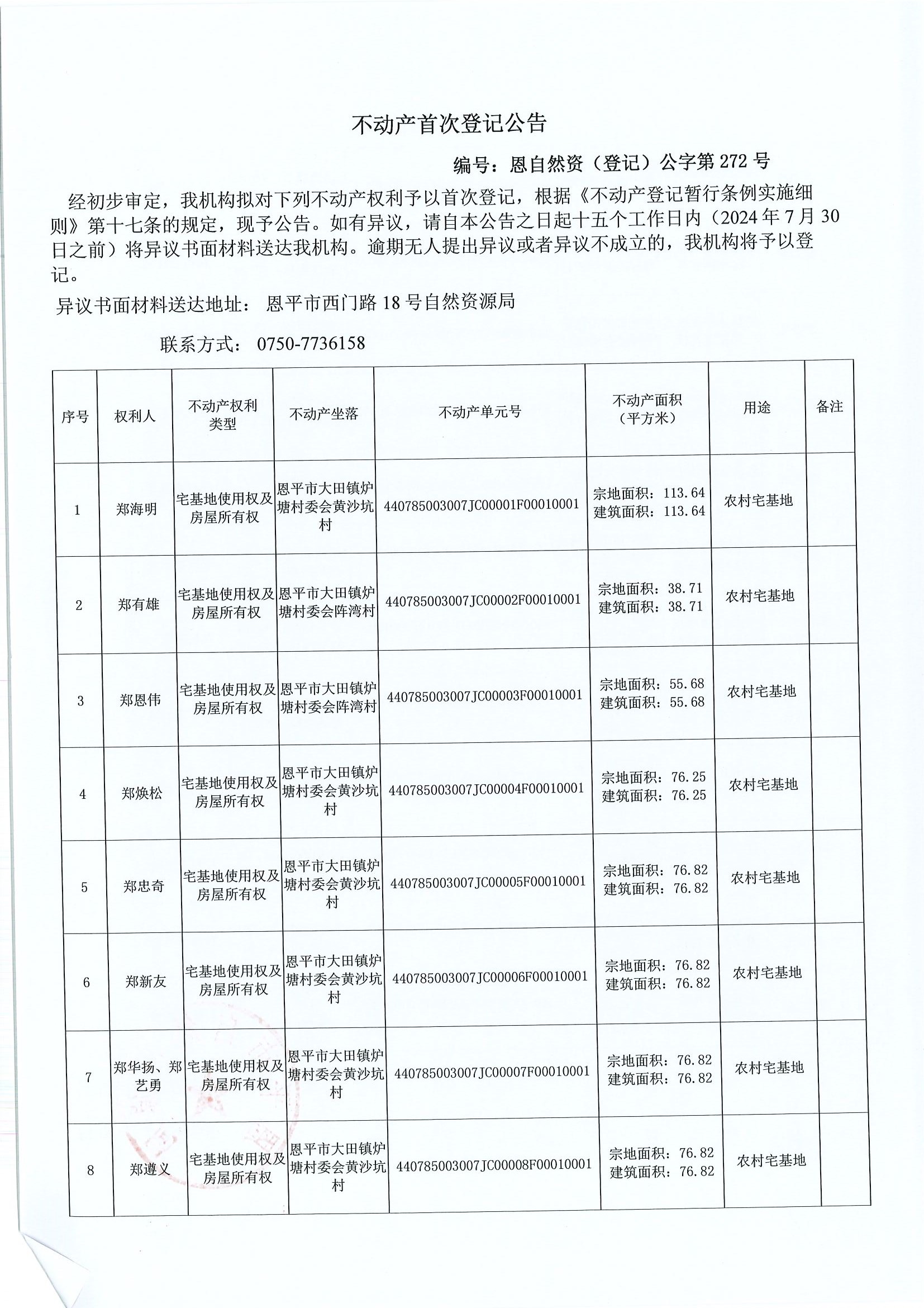 不動(dòng)產(chǎn)首次登記公告-編號(hào)：恩自然資（登記）公字第272號(hào)-恩平市大田鎮(zhèn)爐塘村委會(huì)黃沙坑村房地一體.jpg