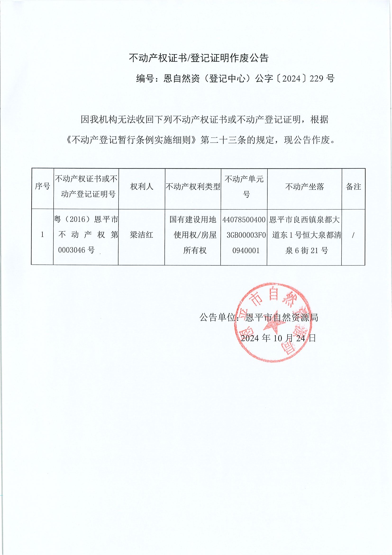 不動產權證書登記證明作廢公告-恩自然資（登記中心）公字〔2024〕229號-梁潔紅.jpg