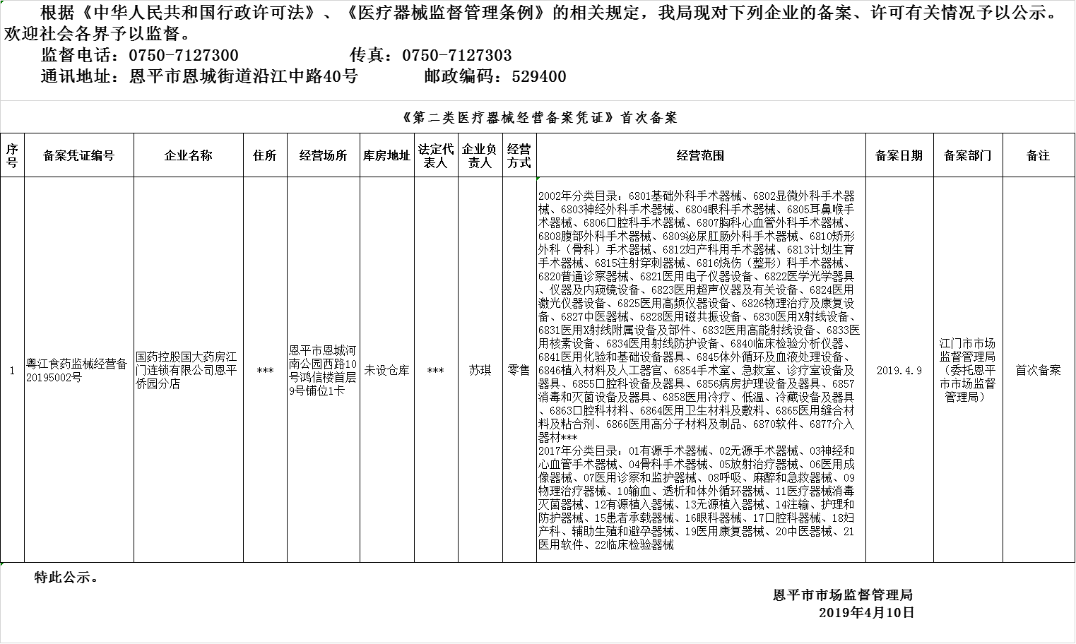 恩平市2019年第三期醫(yī)療器械經營企業(yè)備案、許可公示（二類備案）.png